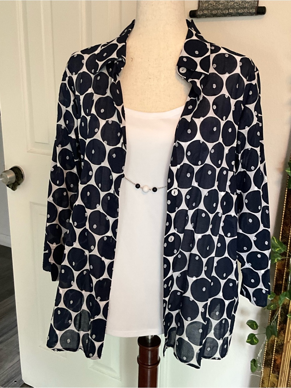 Alfred Dunner Navy and White Polka Dot Open Front Blazer